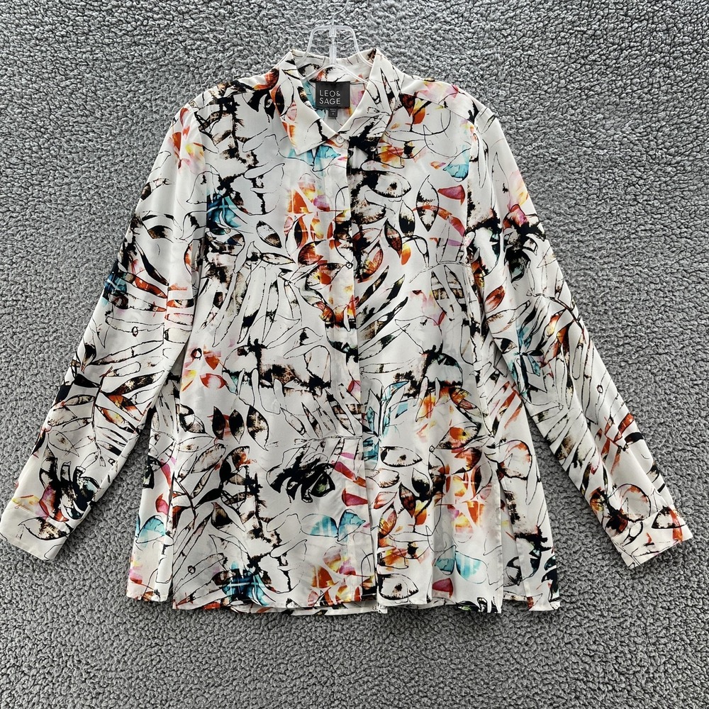 Leo Sage Shirt Womens Small White Colorful Abstract Art Relaxed Button Up Tunic